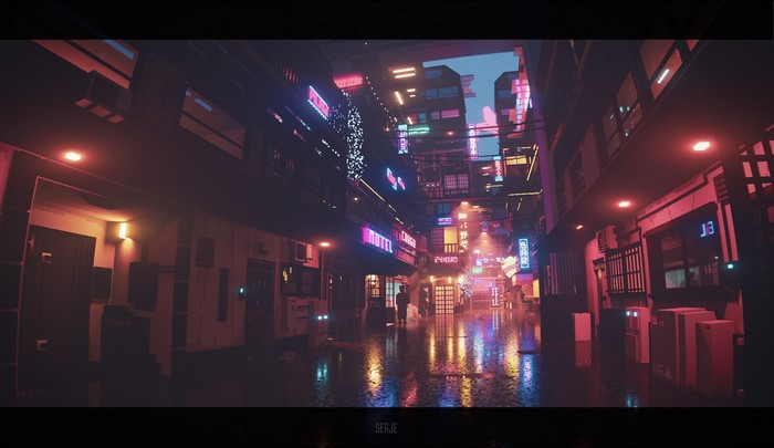 Cyberpunk City Street at Night by Sergey Munin