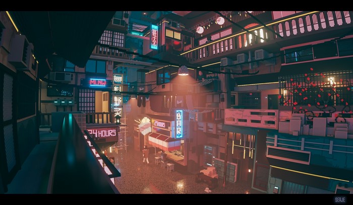 Pixel art cyberpunk city street with neon signs