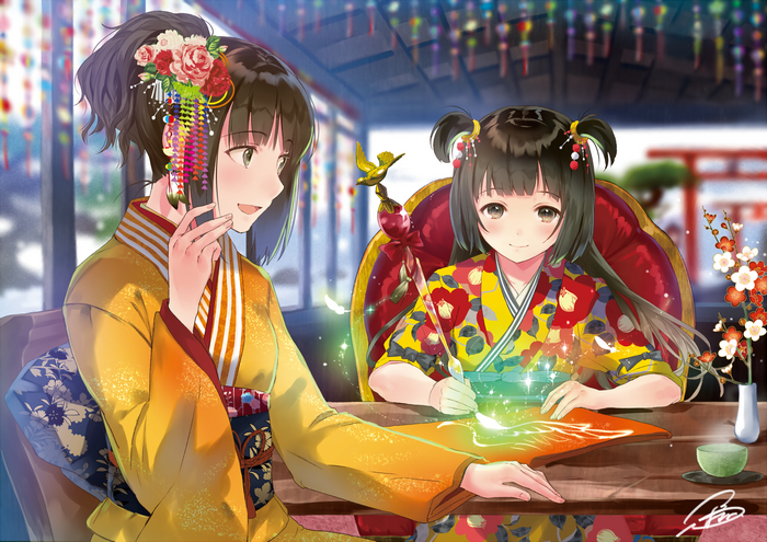Two anime girls in kimonos drawing