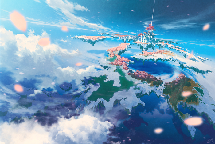 Floating islands with cherry blossoms in the sky