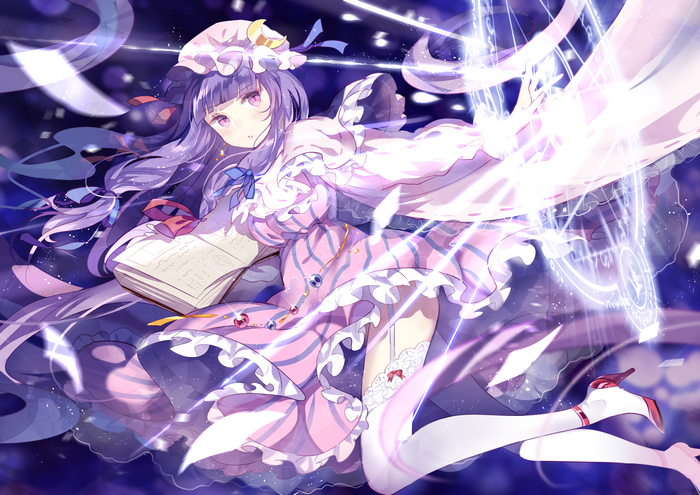 Anime girl with purple hair reading a book