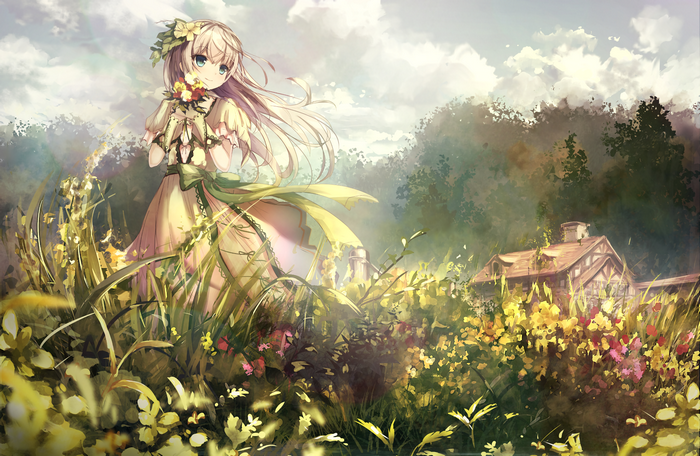 Anime girl with flowers in a field near a house