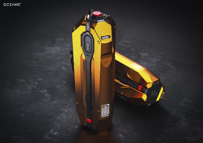 Futuristic gold EMP grenades on a black background