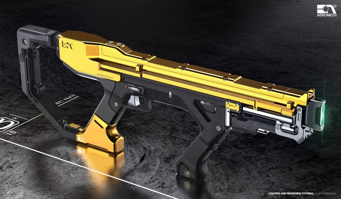 Futuristic gold SMG weapon by Alex Senechal