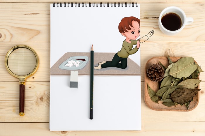 Drawing of a boy with food and coffee