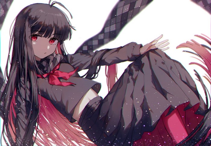 Anime girl with long dark hair and red eyes
