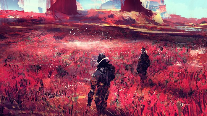 Two figures in a red alien landscape