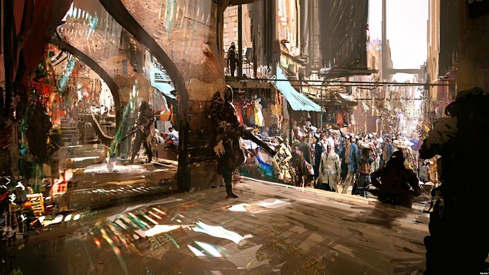 Fantasy marketplace with futuristic elements