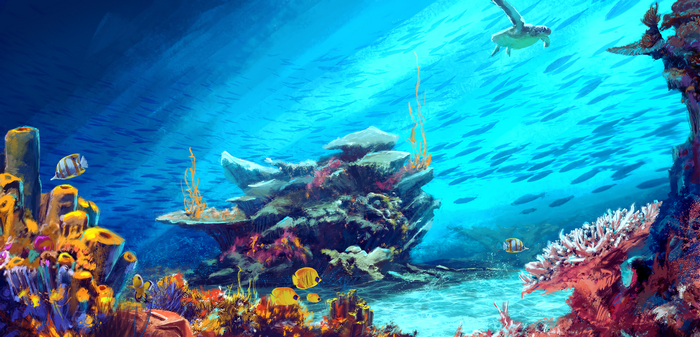 Underwater coral reef with fish and sea turtle