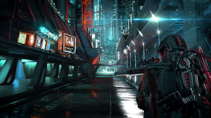 Soldier in futuristic city by Luciano Neves