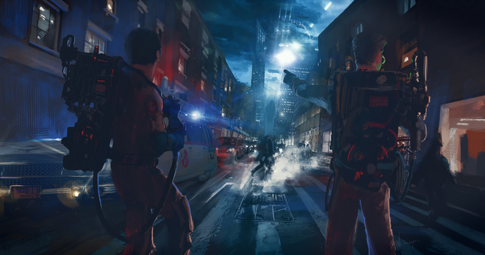 Ghostbusters in a city street at night