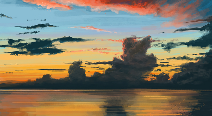 Digital art illustration of a sea and clouds at sunset