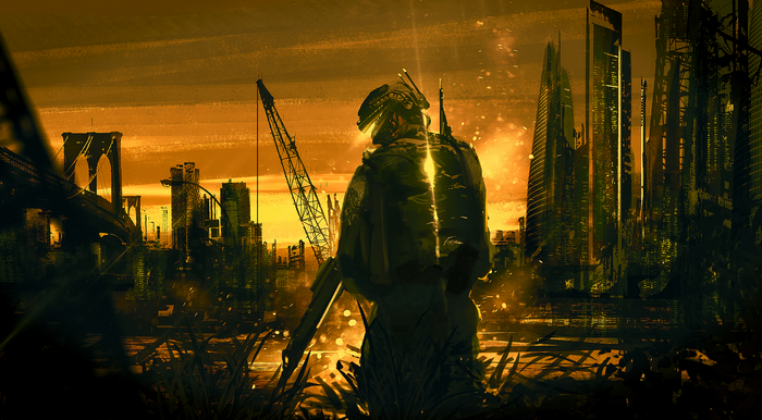 Soldier in a destroyed city with a crane and bridge