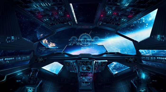 Spaceship cockpit overlooking Earth and stars