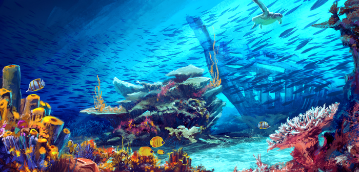 Underwater scene with coral, fish, and a turtle