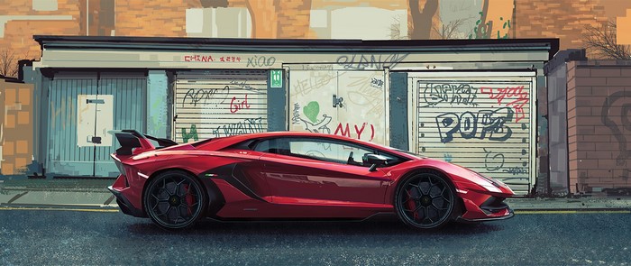 Red Lamborghini Aventador parked in front of graffiti-covered garage