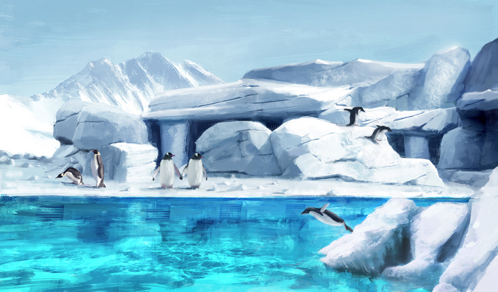 Penguins on ice near a blue pond with mountains