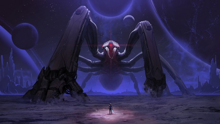 Giant mechanical spider robot on alien planet with moons