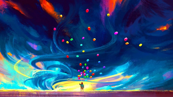 Child holding balloons against a colorful, abstract sky