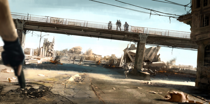 Military soldiers in a war-torn city with a bridge