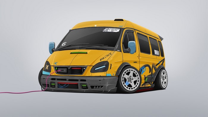 Tuned yellow van with graffiti and custom wheels