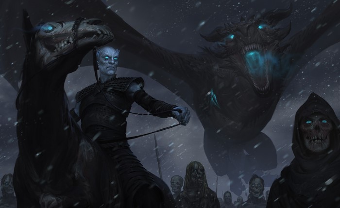 Night King on undead horse with dragon and wights from Game of Thrones