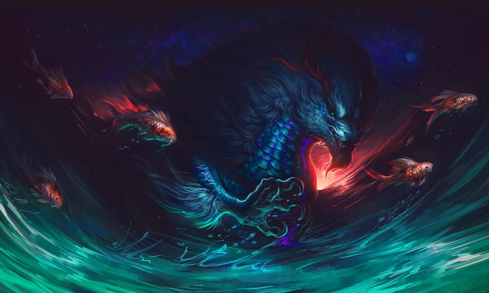 Dragon and koi fish in a dark, mystical ocean