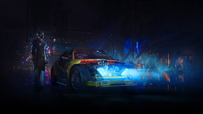 Cyberpunk character and modified car in the rain