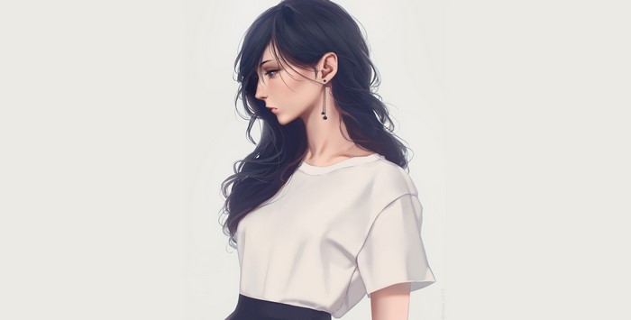 Anime girl with long dark hair in profile
