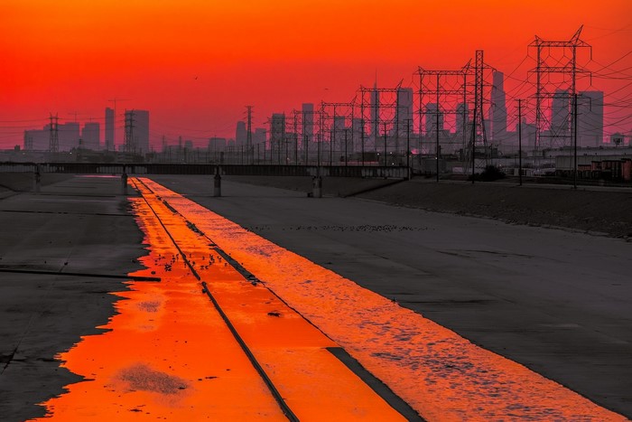 Los Angeles River at Sunset with Cityscape