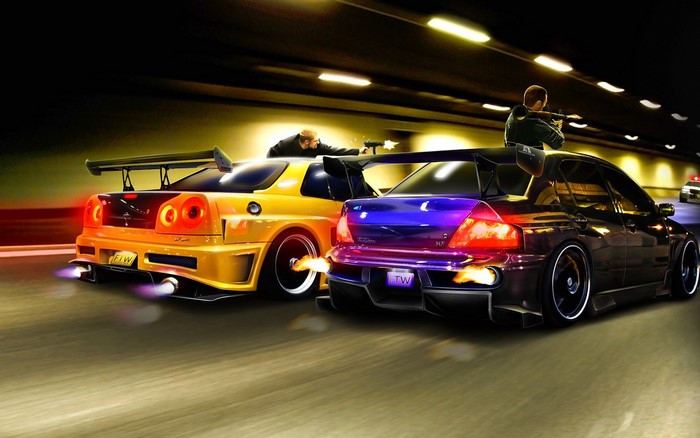 Cars with people shooting guns in a tunnel