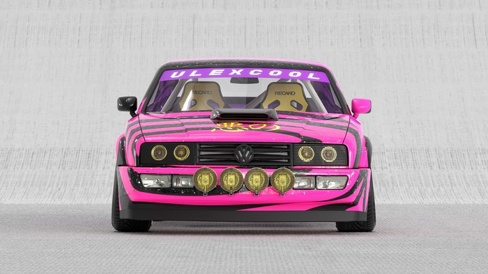 Pink Volkswagen Corrado with racing stripes and rally lights