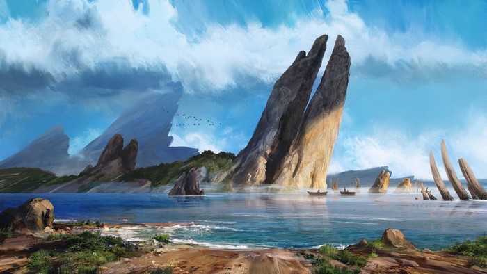 Artwork of a rocky coastline with boats on the sea