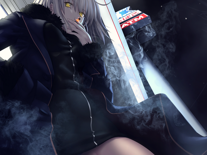Jeanne d'Arc (Alter) from Fate/Grand Order smoking near ATM