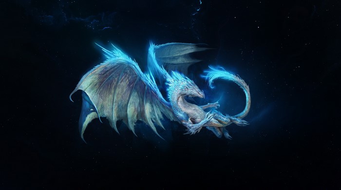 Cyan dragon with glowing blue accents in space