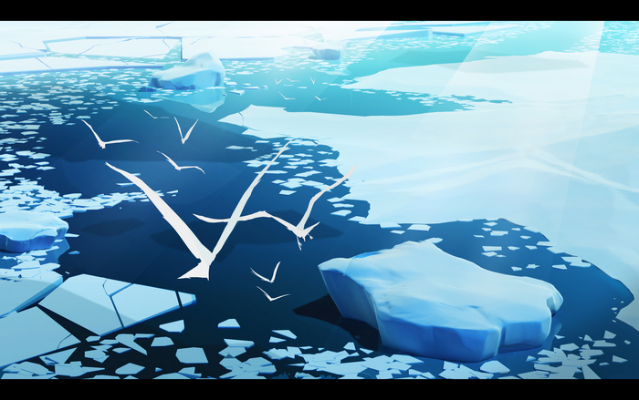 Illustration of icebergs and birds in the sea