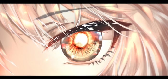 Close-up of an anime girl's eye with blonde hair