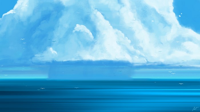 Artwork of a stormy sea with clouds and birds