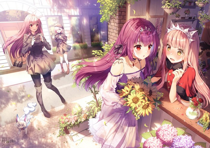 Anime girls with flowers outside a shop