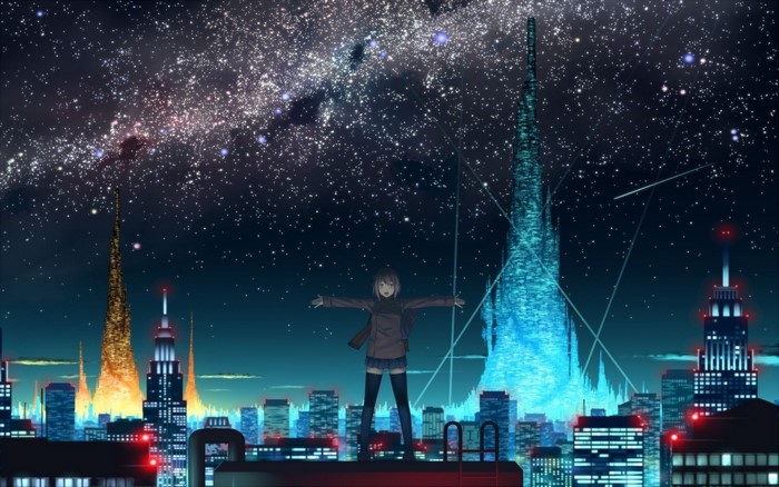 Anime girl on a rooftop overlooking a futuristic city at night