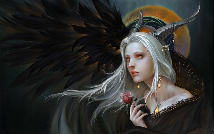 Fantasy woman with black wings and horns holding a rose