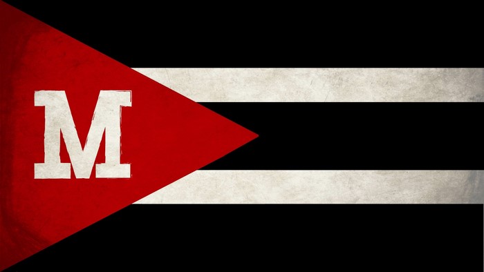 Flag with red triangle and letter M