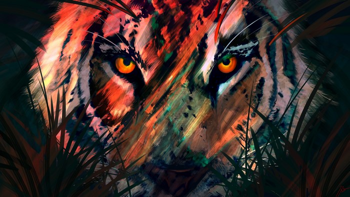 Tiger peeking through foliage