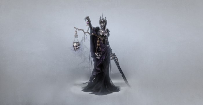Skeleton Queen holding Scales of Justice with skulls