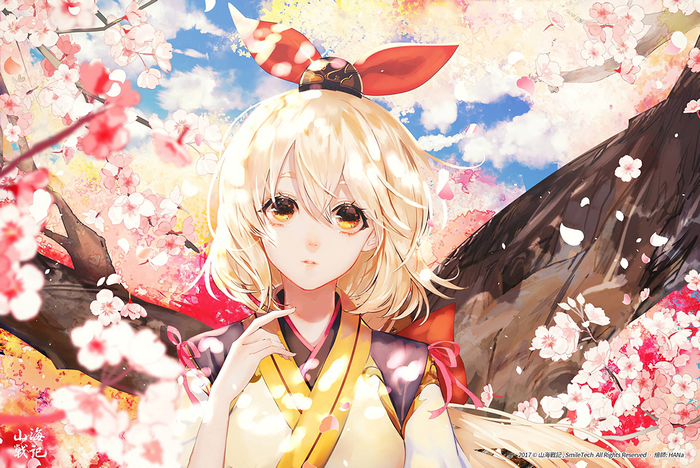 Anime girl with blonde hair and cherry blossoms
