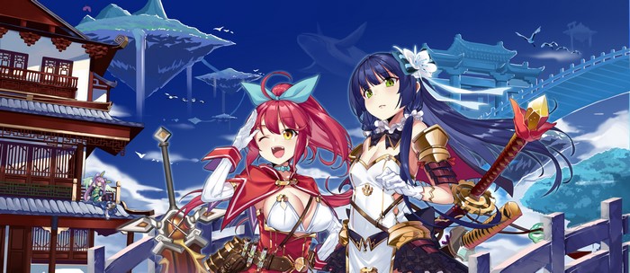 Anime girls with swords in a fantasy city