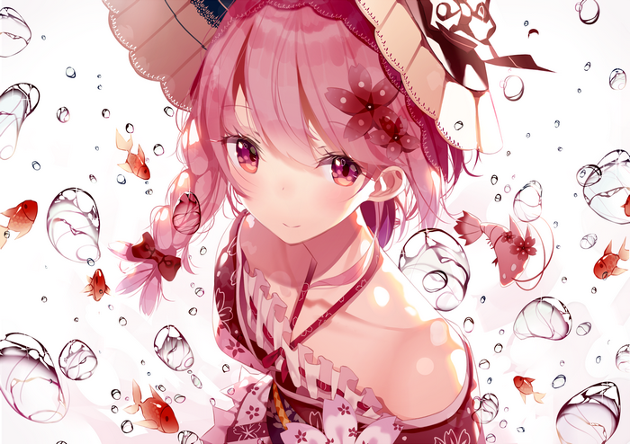 Anime girl with pink hair and goldfish