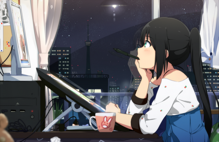 Anime girl drawing on a tablet at night