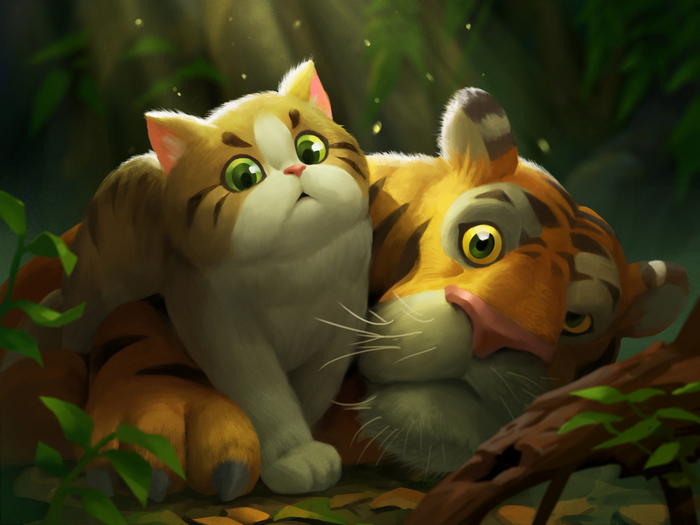 Two cartoon cats in a jungle setting