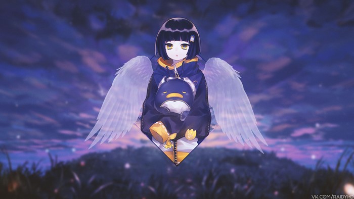 Anime girl with wings holding a penguin plush